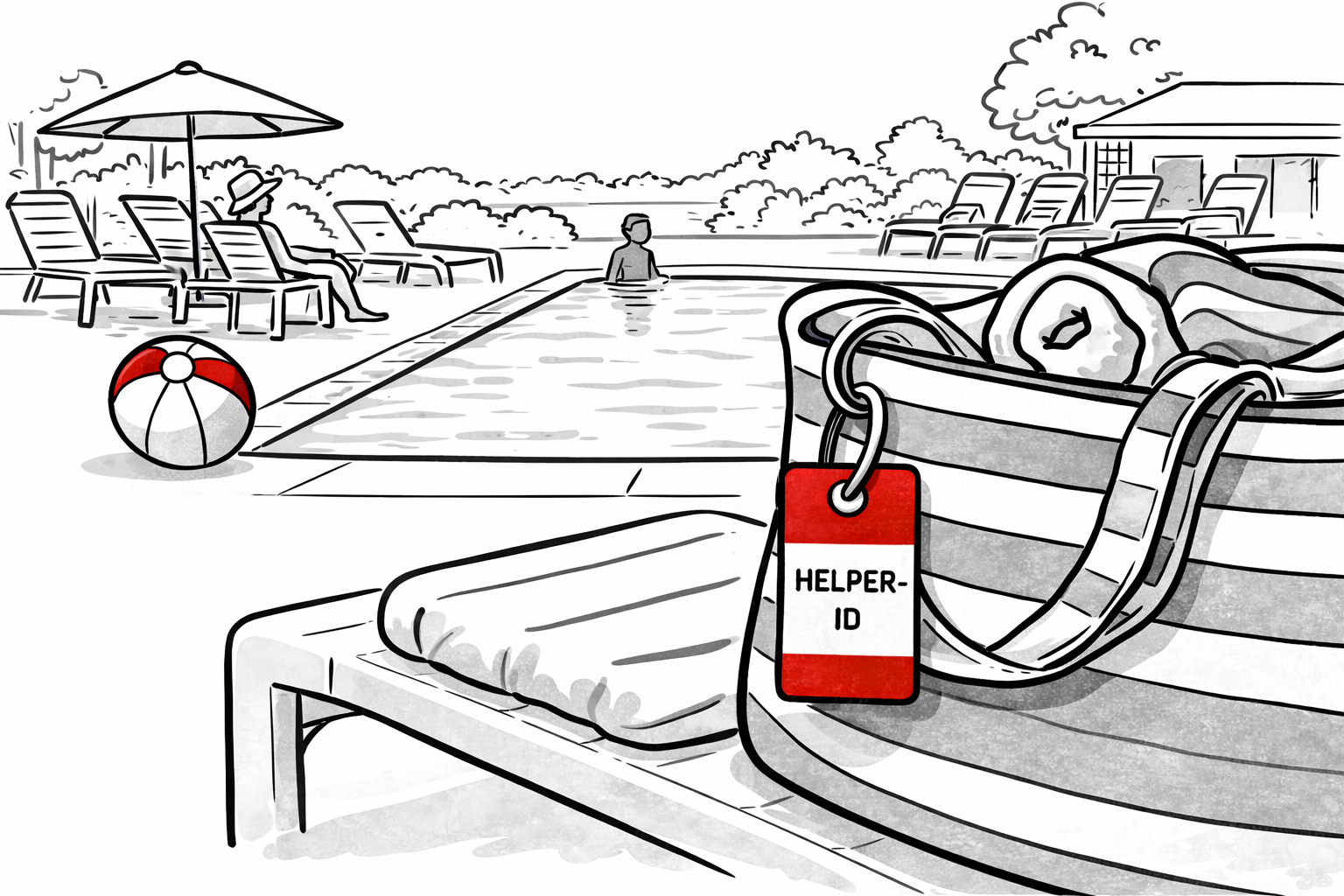 A bag at the community pool with a Helper-ID tag attached