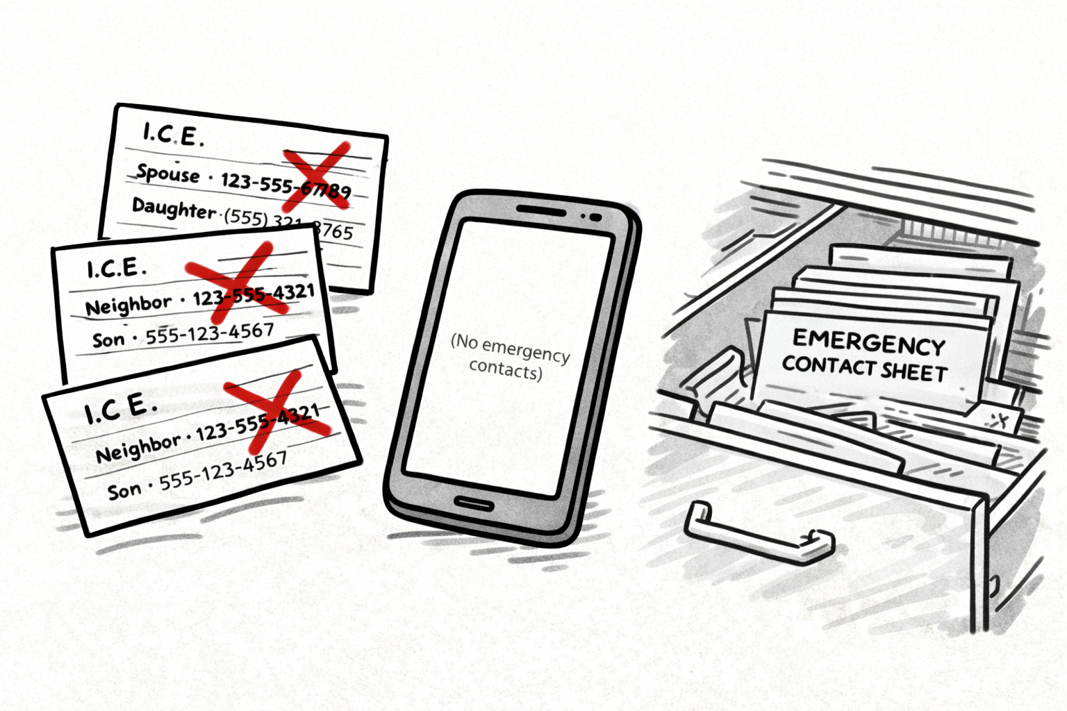 Index card, old filing system, and phone without emergency information