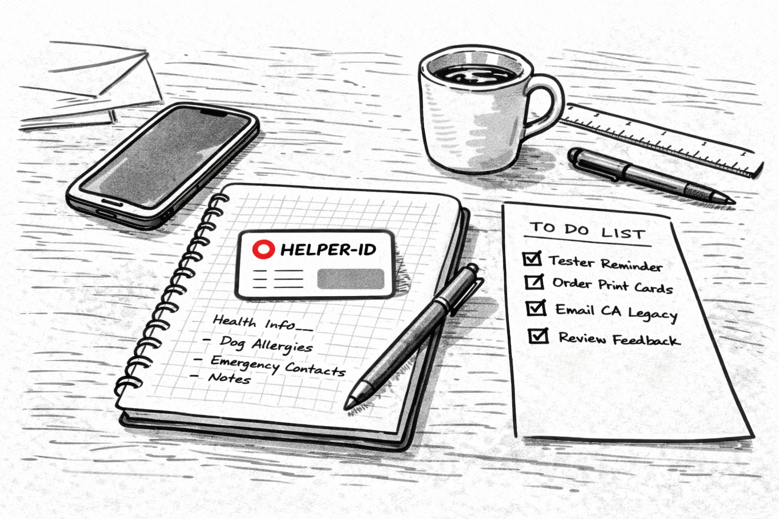 A desk with Helper-ID prototypes and a cup of coffee